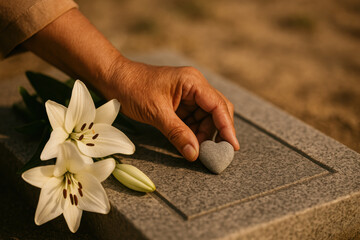 Hand placing a small heart shaped stone on a gravestone with fresh white lilies, symbolizing remembrance and honoring loved ones