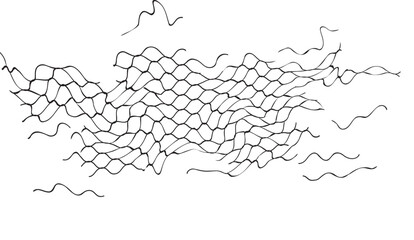 Abstract black lines form a distorted hexagonal pattern against a white background, creating a textured wave-like effect and a sense of movement and distortion