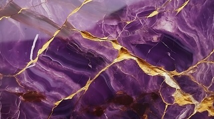 A close-up, full-frame image of a polished dark violet marble surface, gold veins glowing under soft light, creating organic, fluid patterns, gradients of lavender and mulberry adding depth.