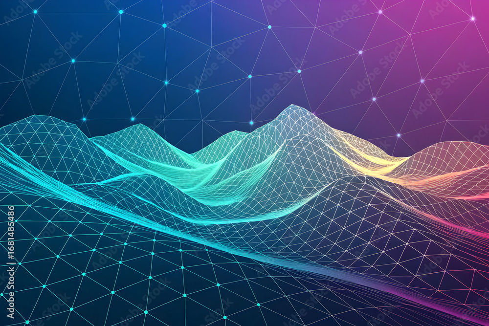 Fototapete abstract wireframe landscape with connected dots and lines on a gradient background design