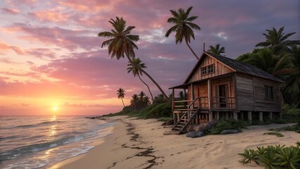Obraz premium Rustic wooden beach hut on a sandy shore at sunset with palm trees wooden house tropical