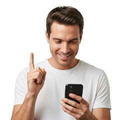 Happy man gesturing while holding smartphone and wearing wireless earbuds receiving important information transparent background