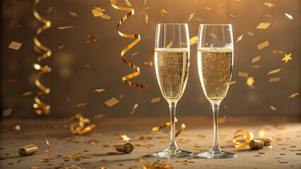 Champagne flutes shimmer with gold confetti. Perfect for event posters, party invitations, and...