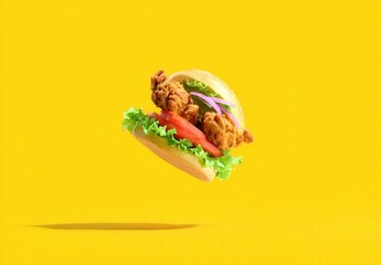 a flying chicken burger with lettuce, tomato, and onion on a yellow background