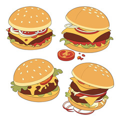 Vector art of four delicious cartoon style hamburgers with cheese, lettuce, tomato, and onion