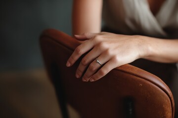 Obraz premium Interview mistake wrong answer concept. A hand resting on a chair, showcasing elegance and subtle sophistication.