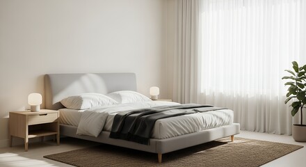 Modern Minimalist Bedroom Interior with Light Gray Bed, White Curtains, and Cozy Neutral Decor
