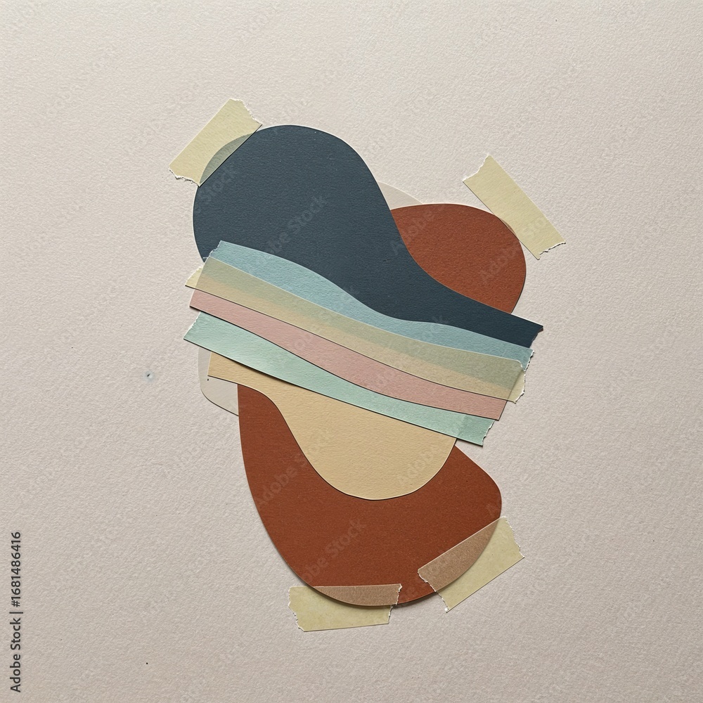 Poster abstract composition with colorful layered shapes and tape on beige background