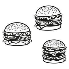 Vector art of three different types of delicious cheeseburgers with lettuce, tomato, and cheese