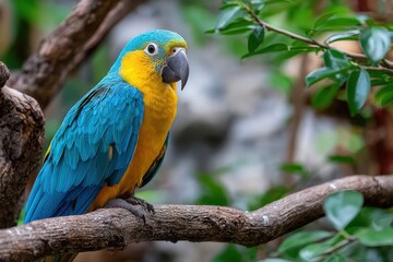 Fototapeta premium Blue and yellow macaw perched on a branch