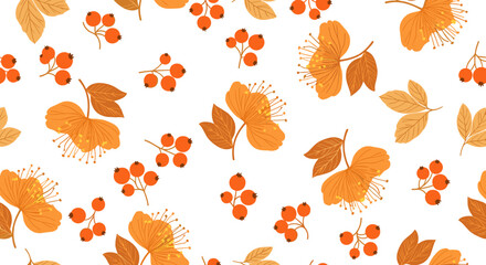 Obraz premium Charming autumn floral pattern with warm orange blossoms and berries for your next design project