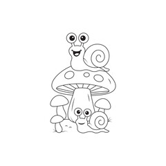 cute cartoon snails with mushrooms – black and white line art for coloring pages and kids' designs.
