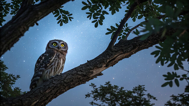 Brown owl sits on tree branch against a starry sky. For wildlife photography, posters, and educational materials.
