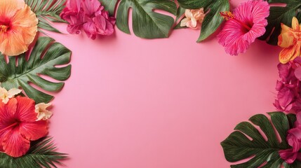 Obraz premium tropical flowers and leaves framed on a pink background