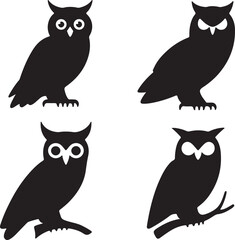 owl silhouette set, icon, white background