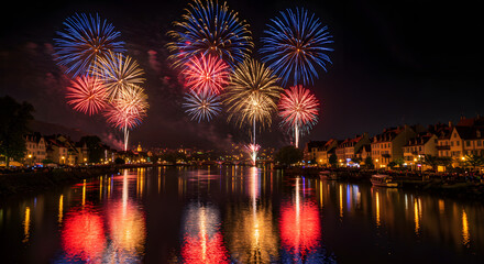 Fototapeta premium Vibrant fireworks explode over a city at night, with colorful reflections shimmering in the river below.