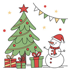 Vector art of cute cartoon snowman with a christmas tree and presents