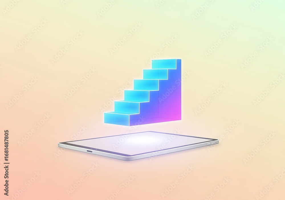 Poster abstract glowing staircase emerging from tablet on gradient background
