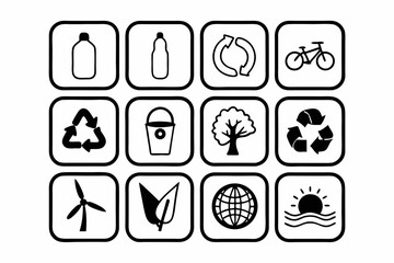 Minimalist Eco Lifestyle Icon Set Black Line Art Vector Illustration