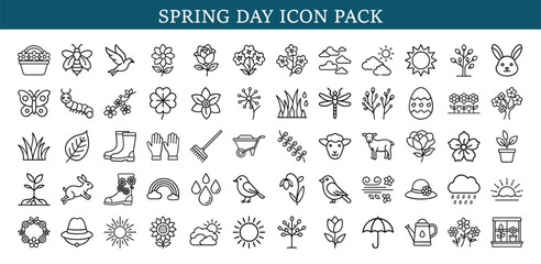 Spring season icon pack with nature and gardening, Line icon collection for springtime featuring flowers, animals, gardening tools, sunshine, Easter elements, and seasonal nature symbols for projects.