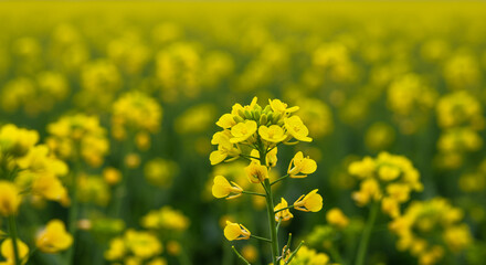 Vibrant yellow mustard flowers bloom in a vast field under soft daylight, evoking nature's beauty