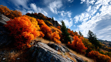 Obraz premium An autumn hillside with brilliant red, yellow, and oange leaves, beneath a cler blue sky filled with sunight.