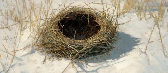 An Empty Bird Nest on Snowy Ground With Blades of Grass Nearby