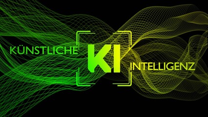 KI - Symbolic for Artificial Intelligence centered into background of grid waves - abstract technology and automation concept - 3D Illustration