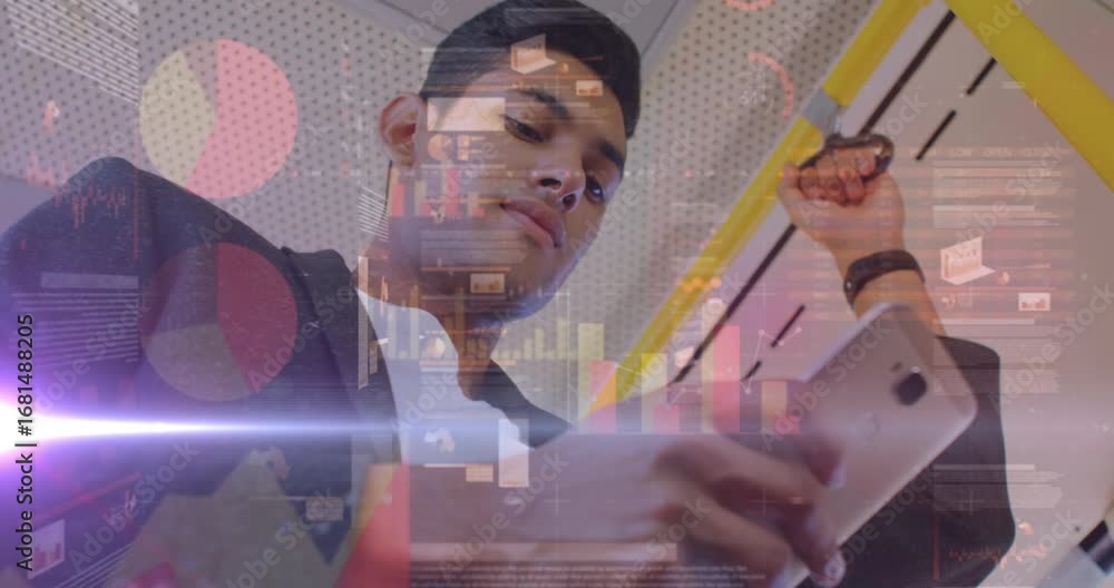 Poster animation of graphs and data over man using smartphone in bus