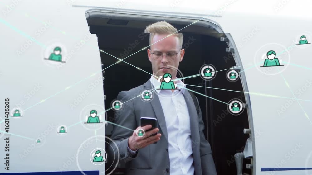 Aufkleber animation of network of connections over caucasian man using smartphone and walking out of plane