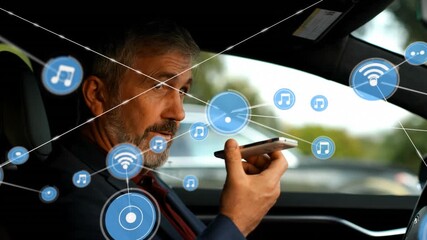 Animation of network of connections over caucasian man using smartphone in car - Powered by Adobe