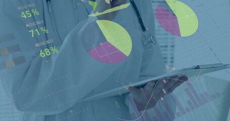 Animation of financial graphs over midsection of caucasian male doctor making notes - Powered by Adobe