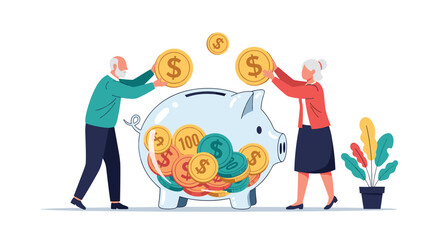 Elderly couple saving money in a piggy bank for retirement and financial security illustration
