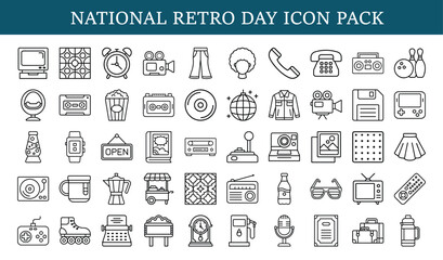 Retro icon pack with vintage technology and style, Collection of retro-themed icons featuring old technology, fashion, music, games, and nostalgic items perfect for vintage-inspired design projects.