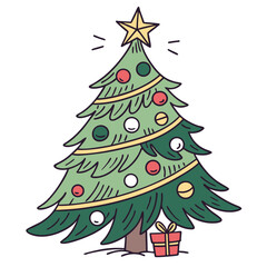 Vector art of a festive handdrawn illustration of a decorated christmas tree with a star on top and a gift underneath