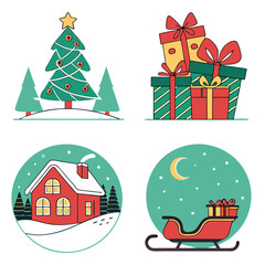 Vector art of collection of four festive christmas illustrations featuring a decorated tree, gift boxes, a cozy house, and a sleigh with presents, perfect for holiday designs