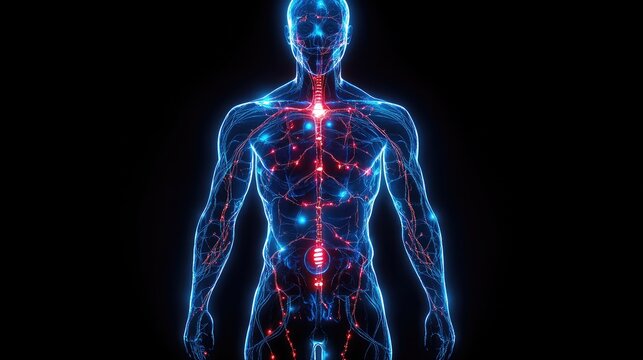 Human anatomy, glowing vascular system, medical illustration, highlighted circulatory & nervous system