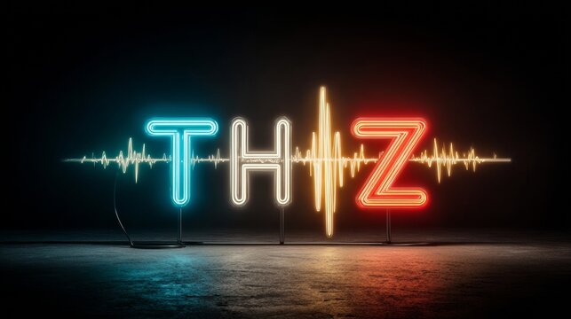Neon sign of the letters THZ with an electromagnetic wave in between.