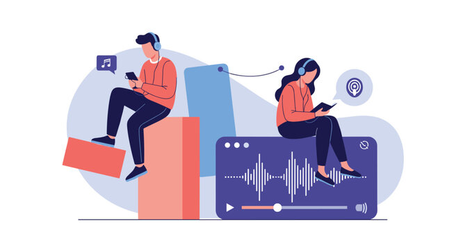 People listen to music and podcasts on their phones using headphones and sharing content wirelessly - Powered by Adobe