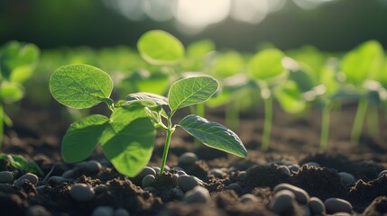 Young soybean plants growing in farm field with fresh green leaf background