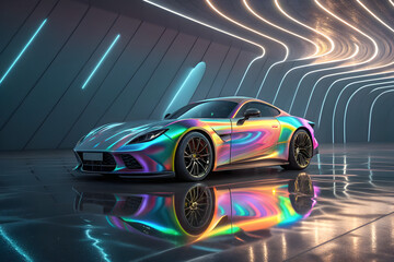 Iridescent sports car with one door open reflecting on a glossy floor in a neon lit room