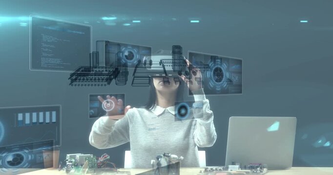 Animation of data processing over caucasian woman using vr headset - Powered by Adobe
