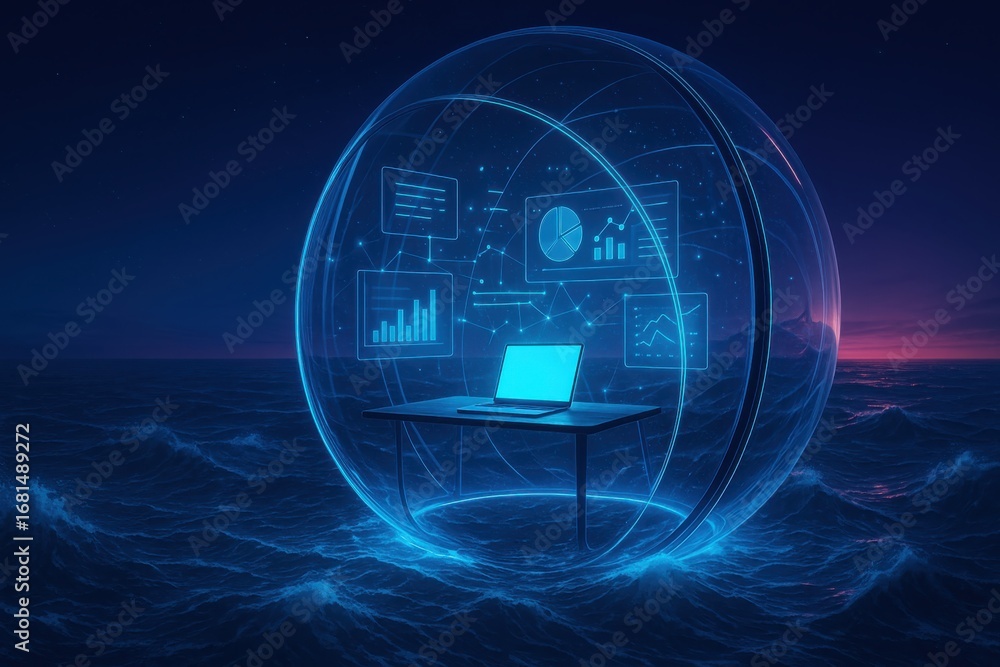 Aufkleber data visualization and analytics in a secure digital environment on the water surrounded by an