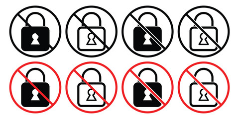 No Lock Sign Vector Set – Prohibited Padlock Symbols for Security, Privacy, and Warning Design.