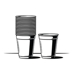 Stack of disposable paper cups and one single cup on a white background