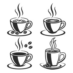 Vector art of set of four steaming cups of coffee with coffee beans