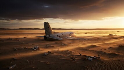 Wrecked airplane in sandy desert at sunset with dramatic sky. Plane crash in landscape, sand, and sunset.