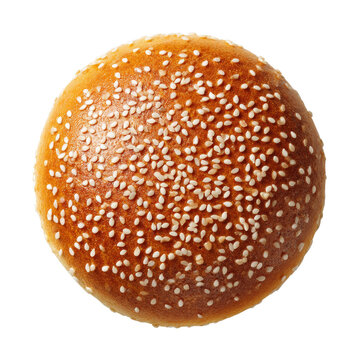 Isolated sesame seed hamburger bun presenting golden crust and soft texture against transparency