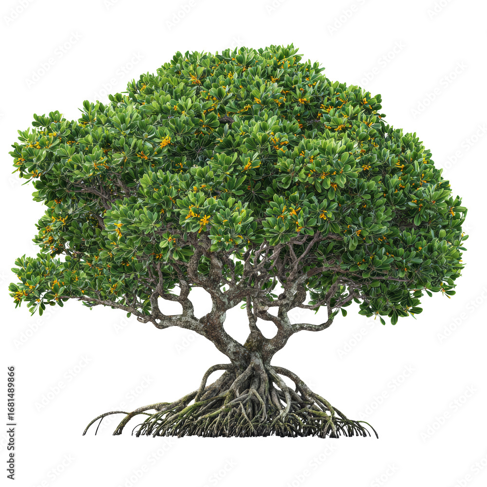 Poster lush mangrove tree with robust roots and verdant foliage set against isolated transparency