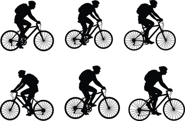 Obraz premium Silhouettes of cyclist riding mountain bike with backpack, wearing helmet in various poses, outdoor adventure, sports vector illustration set